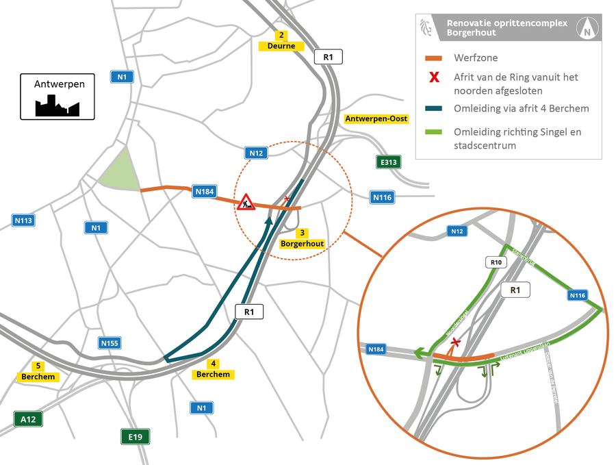 Omleidingen tijdens de werken aan het op- en afrittencomplex Borgerhout Omleidingen tijdens de werken aan het op- en afrittencomplex Borgerhout